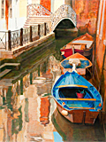 Oil painting of Blue boat on Rio San Maurizio, Venice by artist Trevor Heath
