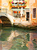 Oil painting of Moorings by the Ponte del Megio, Venice by artist Trevor Heath