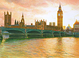 Acrylic painting of Thames reflections of the Houses of Parliament, London at sunset by artist Trevor Heath
